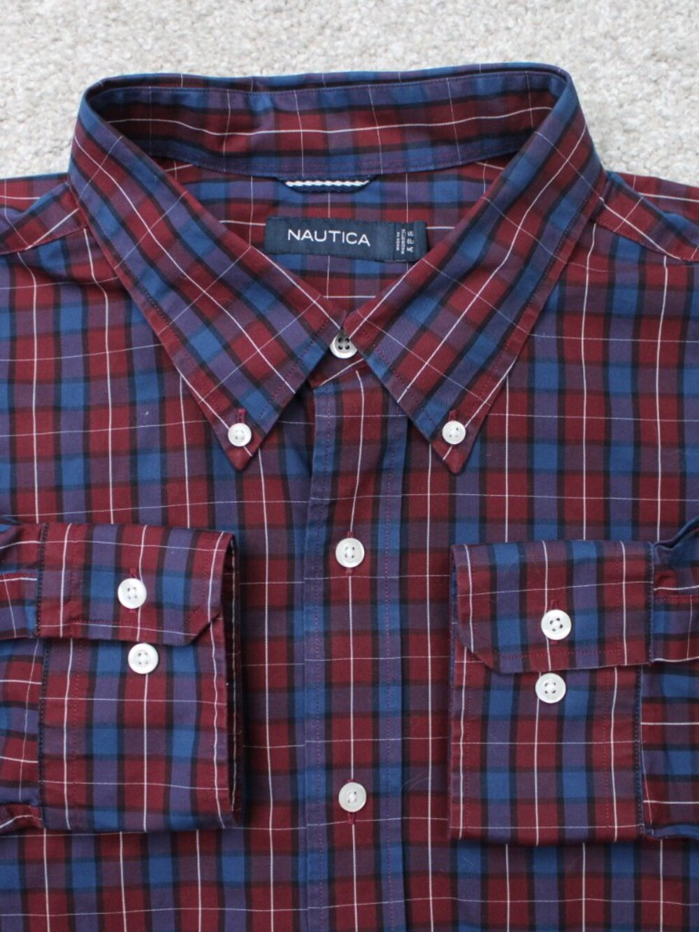 Nautica Shirt Men 2XL XXL Blue/Red Checkered 100% Cotton Long Sleeve Button Down
